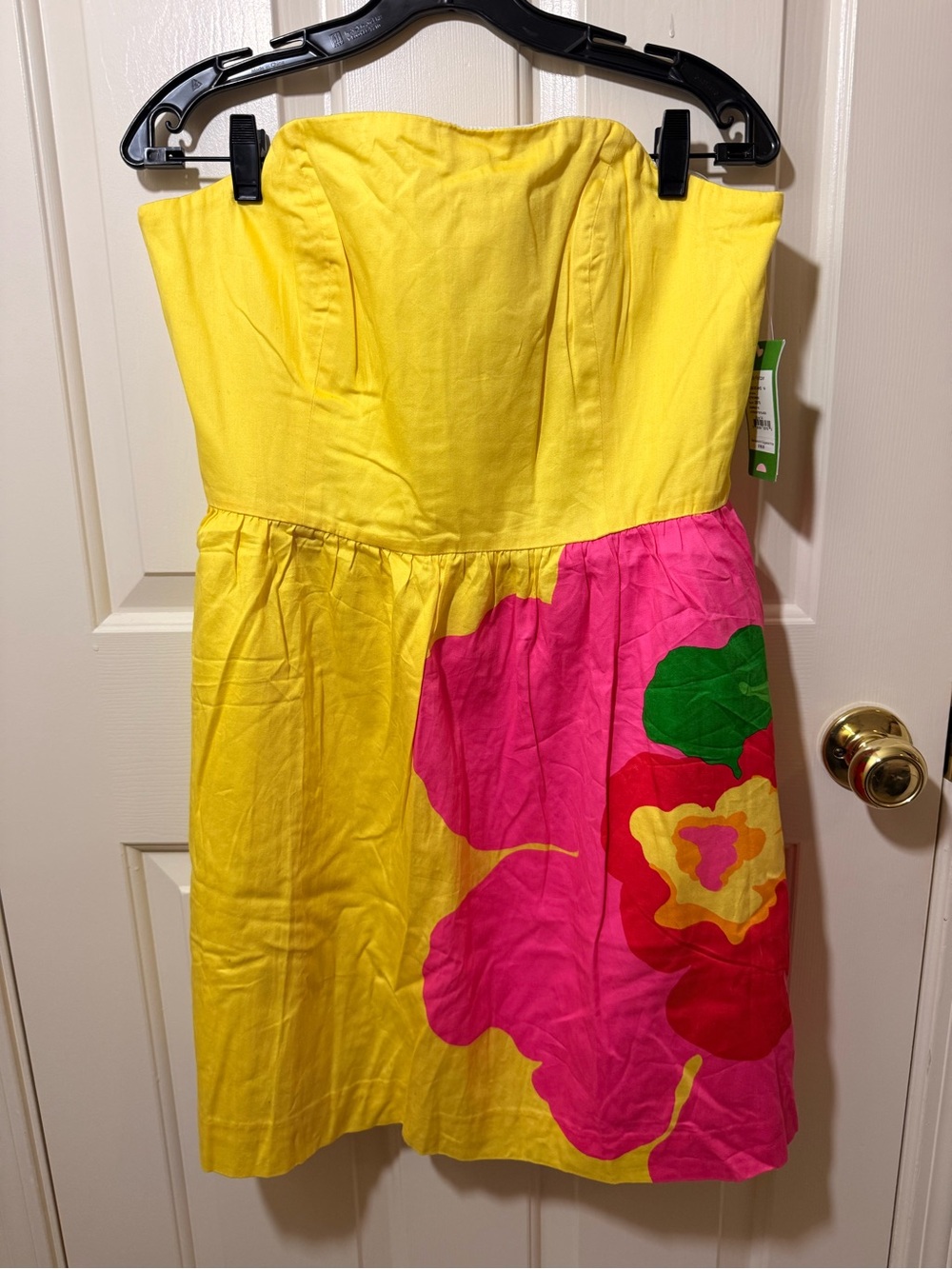 Lilly Pulitzer Yellow Strapless Mini Dress with Pink Floral and Green Leaf